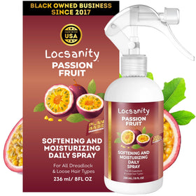 Locsanity bottle front view showing passion fruit label and lightweight benefits