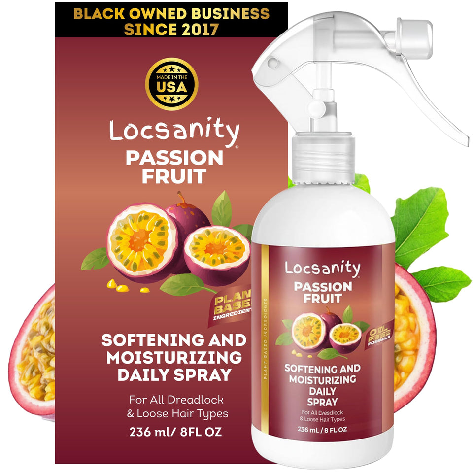Locsanity bottle front view showing passion fruit label and lightweight benefits