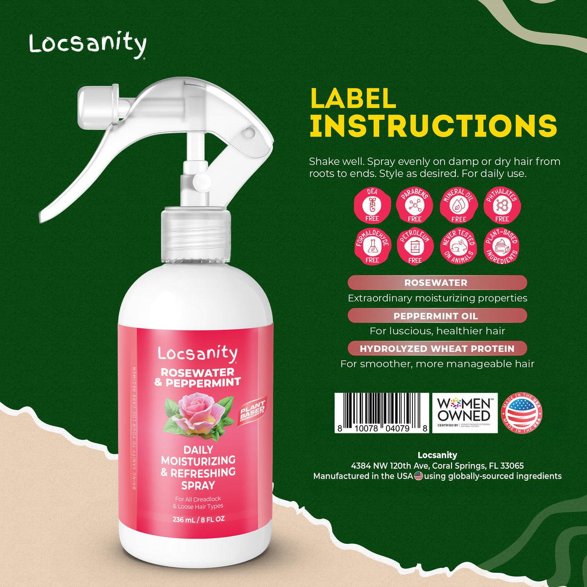 Rosewater and peppermint ingredient display with Locsanity bottle emphasizing plant-based benefit