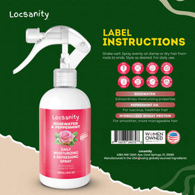 Rosewater and peppermint ingredient display with Locsanity bottle emphasizing plant-based benefit