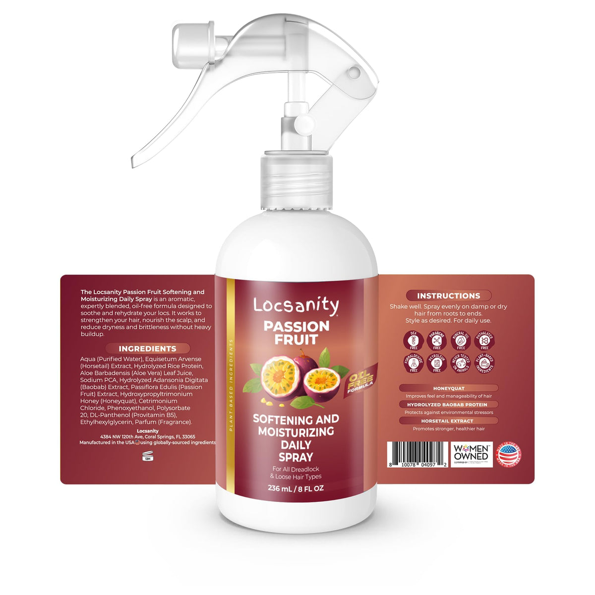 Locsanity bottle on bathroom shelf with other routine products for easy use