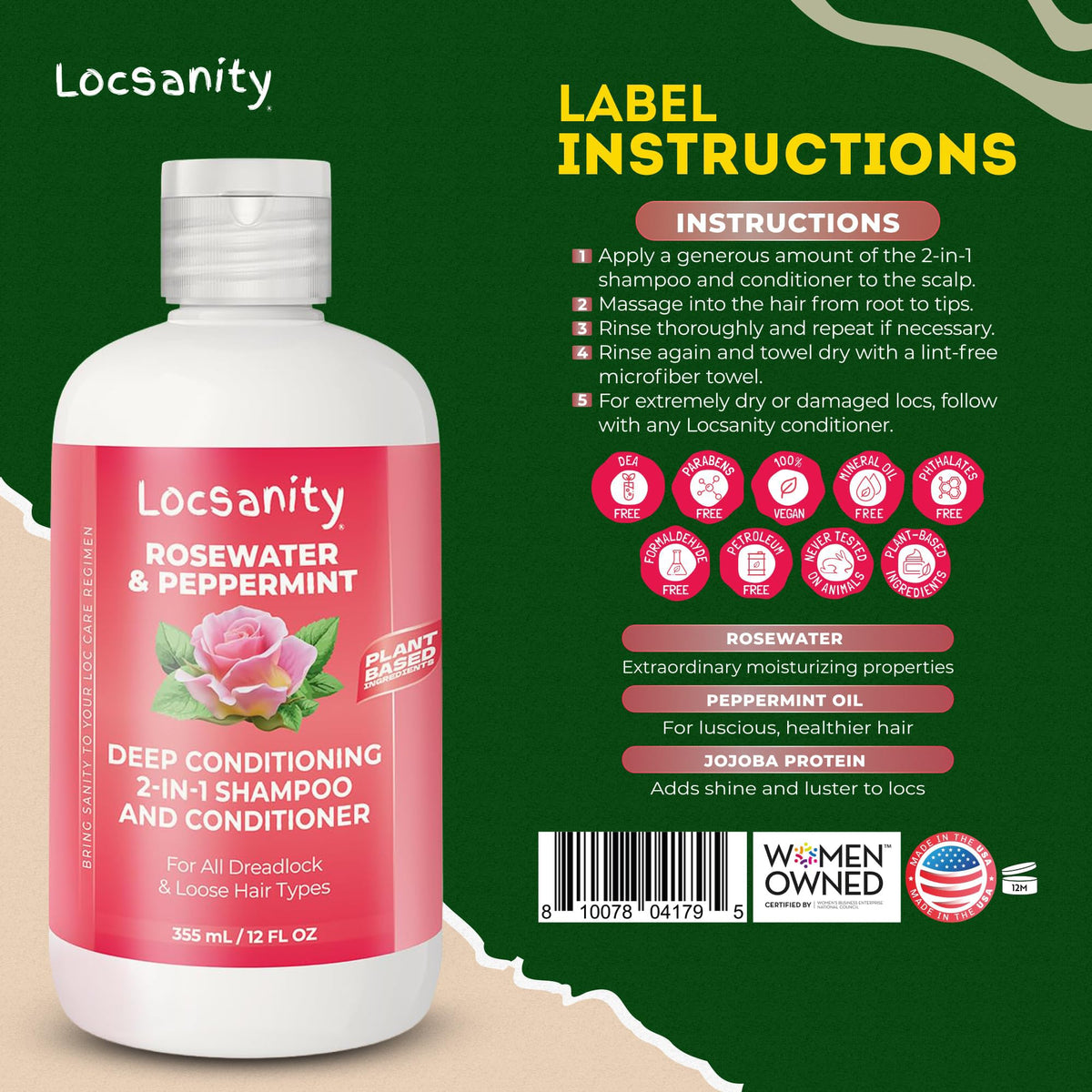 Locsanity bottle next to ruler showing 12 fl oz size for travel convenience