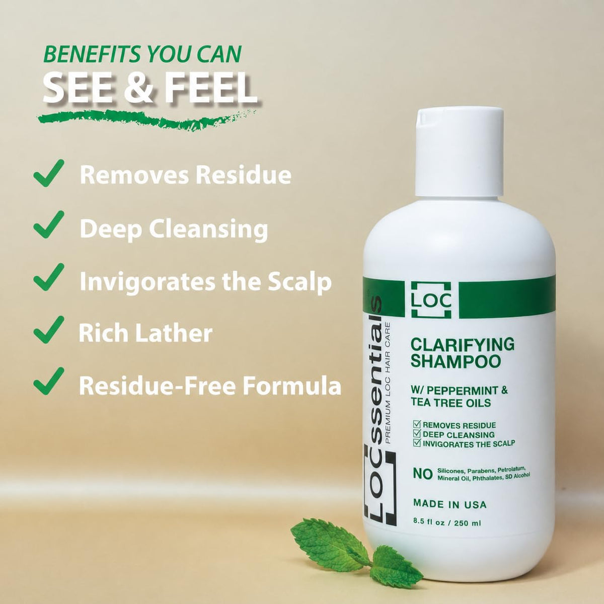 LOCssentials pump and label close-up highlighting ingredient list and clarity