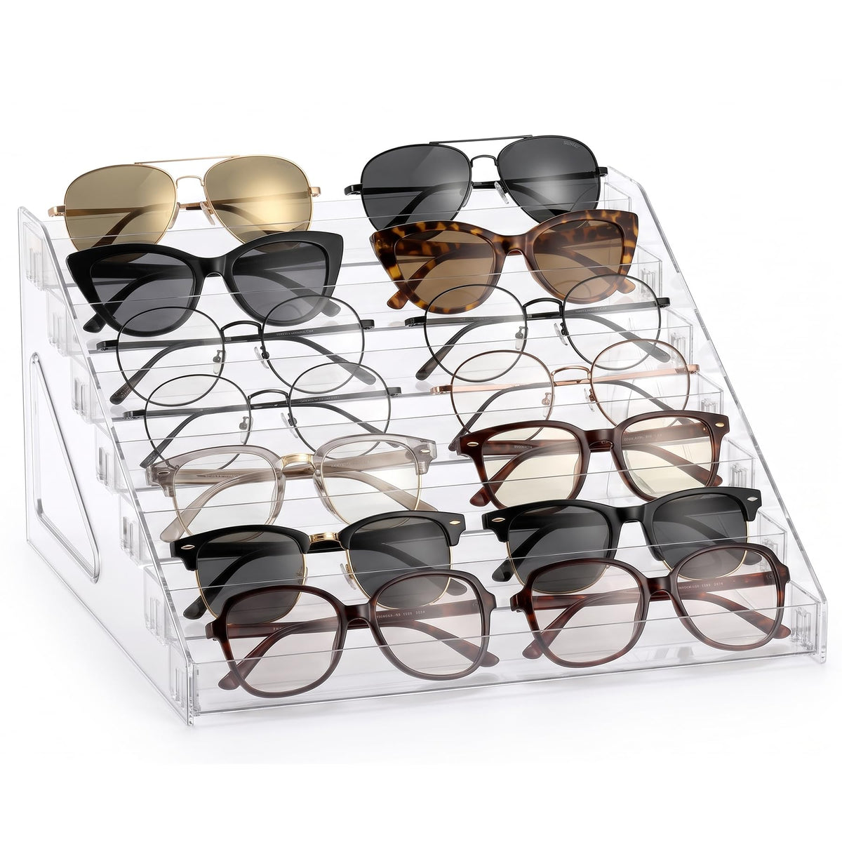 LoengMax front view of clear acrylic sunglasses stand showing tidy display benefit