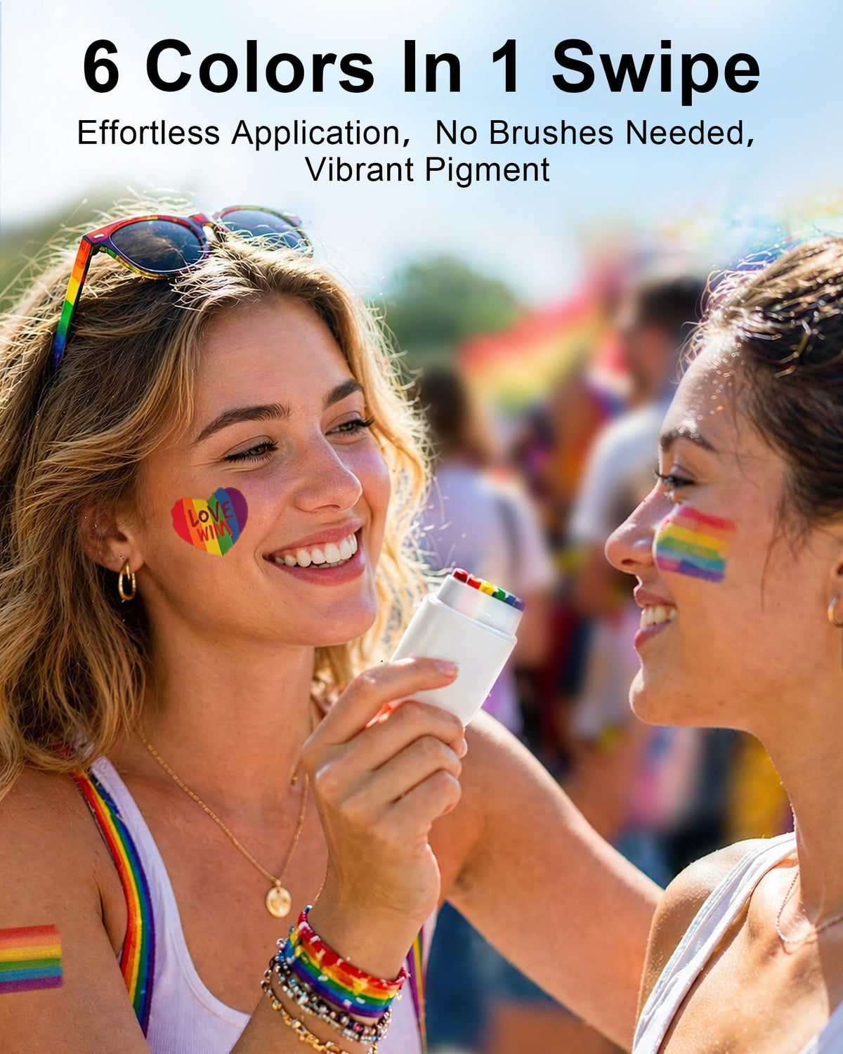 LOGNEW applying rainbow swipe on cheek at parade, fast one-swipe application benefit