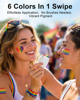 LOGNEW applying rainbow swipe on cheek at parade, fast one-swipe application benefit