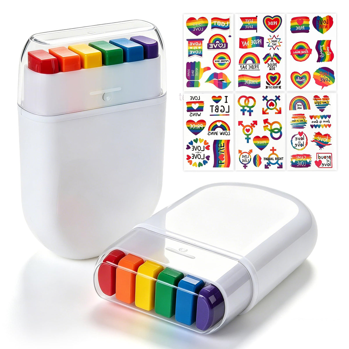 LOGNEW front packaging showing two rainbow face paint sticks and tattoos, vibrant and travel-ready