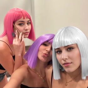 LOHO WONDERZ model wearing colored bob wig at party for playful photo-ready look