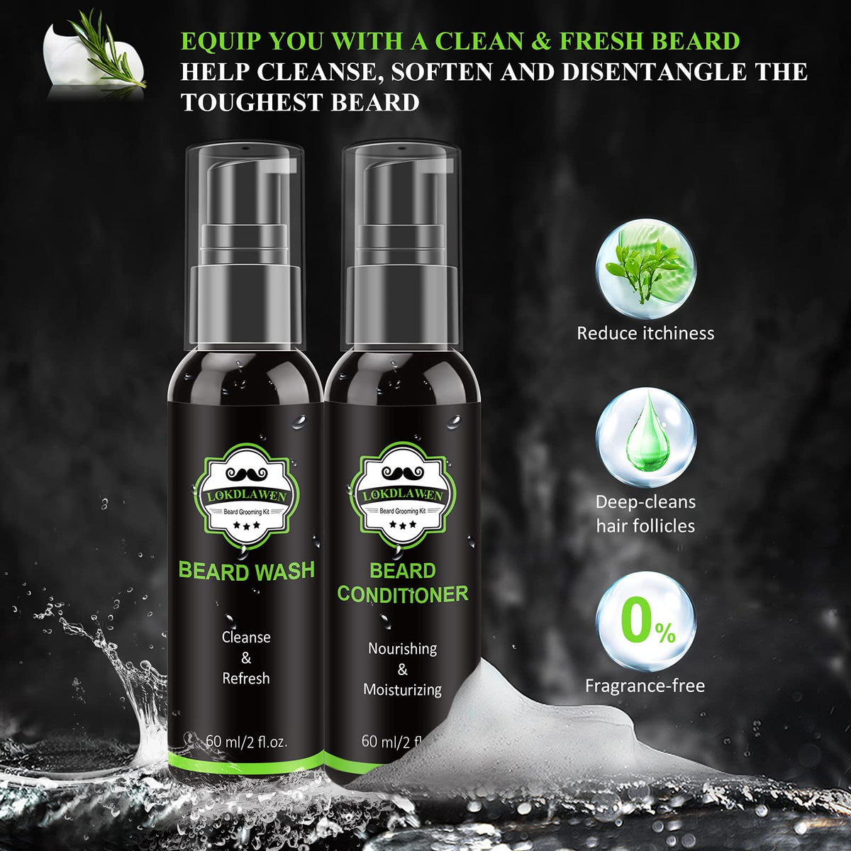 LOKDLAWEN two beard oils and balm staged to highlight nourishing, non-greasy finish