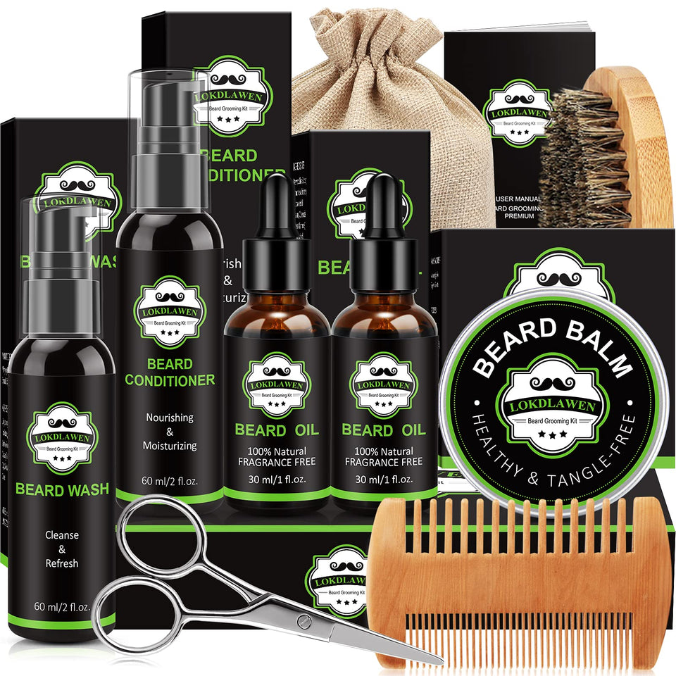 LOKDLAWEN front packaging displaying complete 10-in-1 beard kit, ideal for gifting