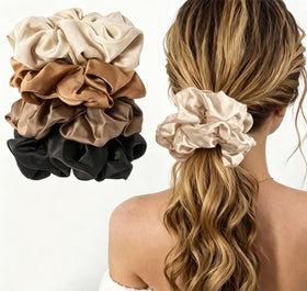 Lolalet front packaging showing four jumbo satin scrunchies and gift box, ideal present