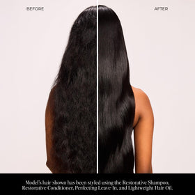 Model applying LolaVie leave-in while creating a smooth blowout