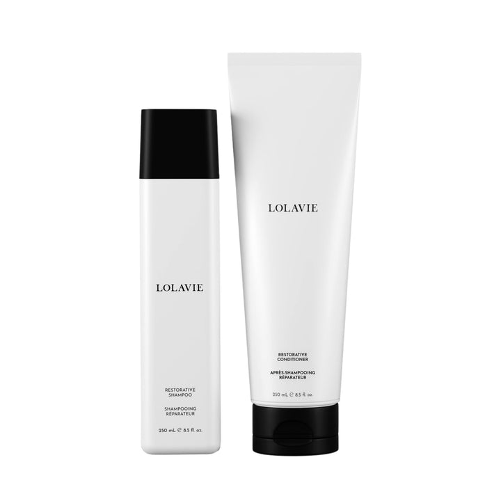 LolaVie restorative bundle front packaging showing two 8.5 oz bottles and clear benefits