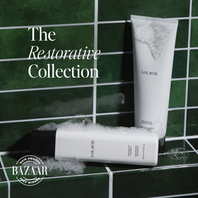 LolaVie shampoo pouring and creating lather for gentle cleansing and repair