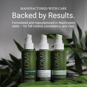 Loma bottle on bathroom shelf styling-friendly and clean-ingredient benefit
