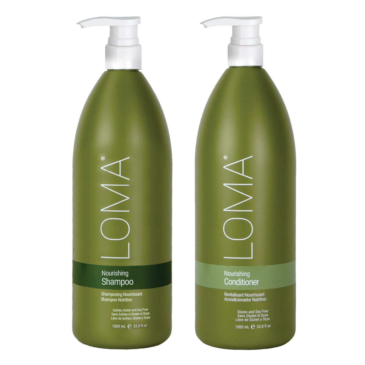 LOMA duo front packaging showing shampoo and conditioner, conveys professional value