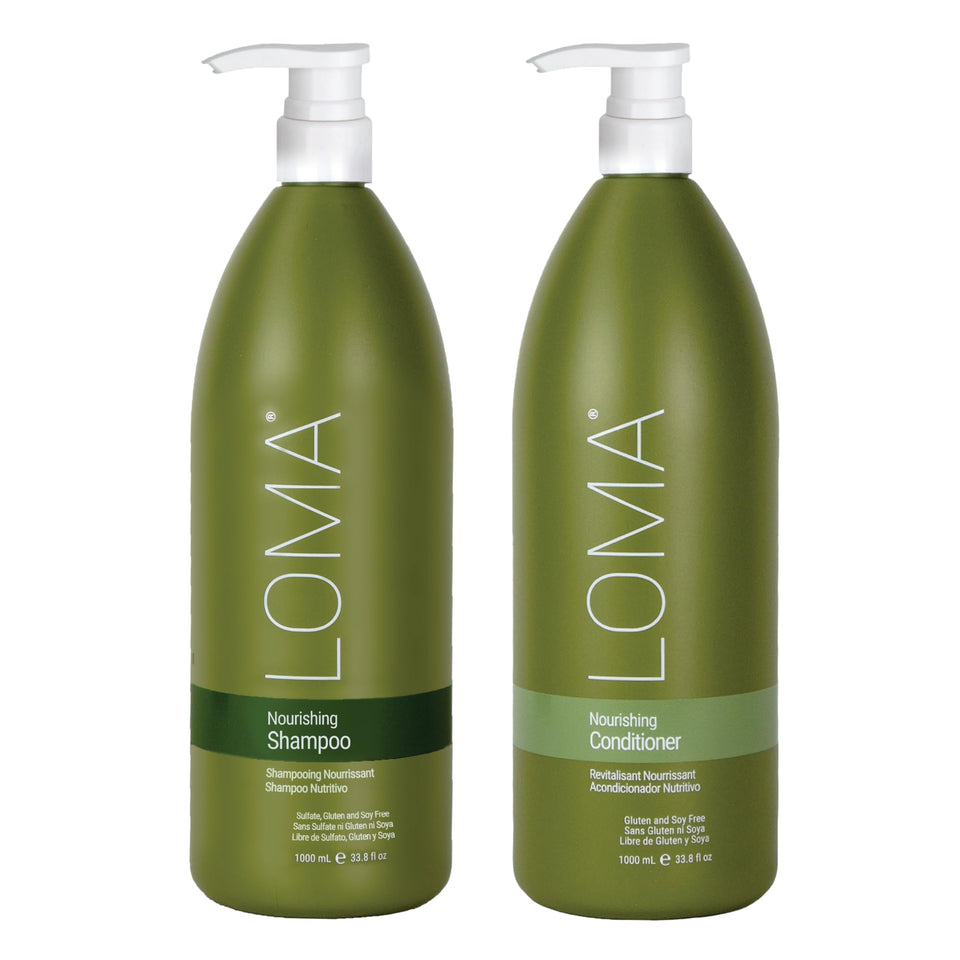 LOMA duo front packaging showing shampoo and conditioner, conveys professional value