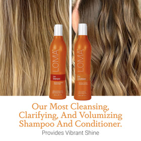 Loma shampoo and conditioner in shower scene showing easy everyday application