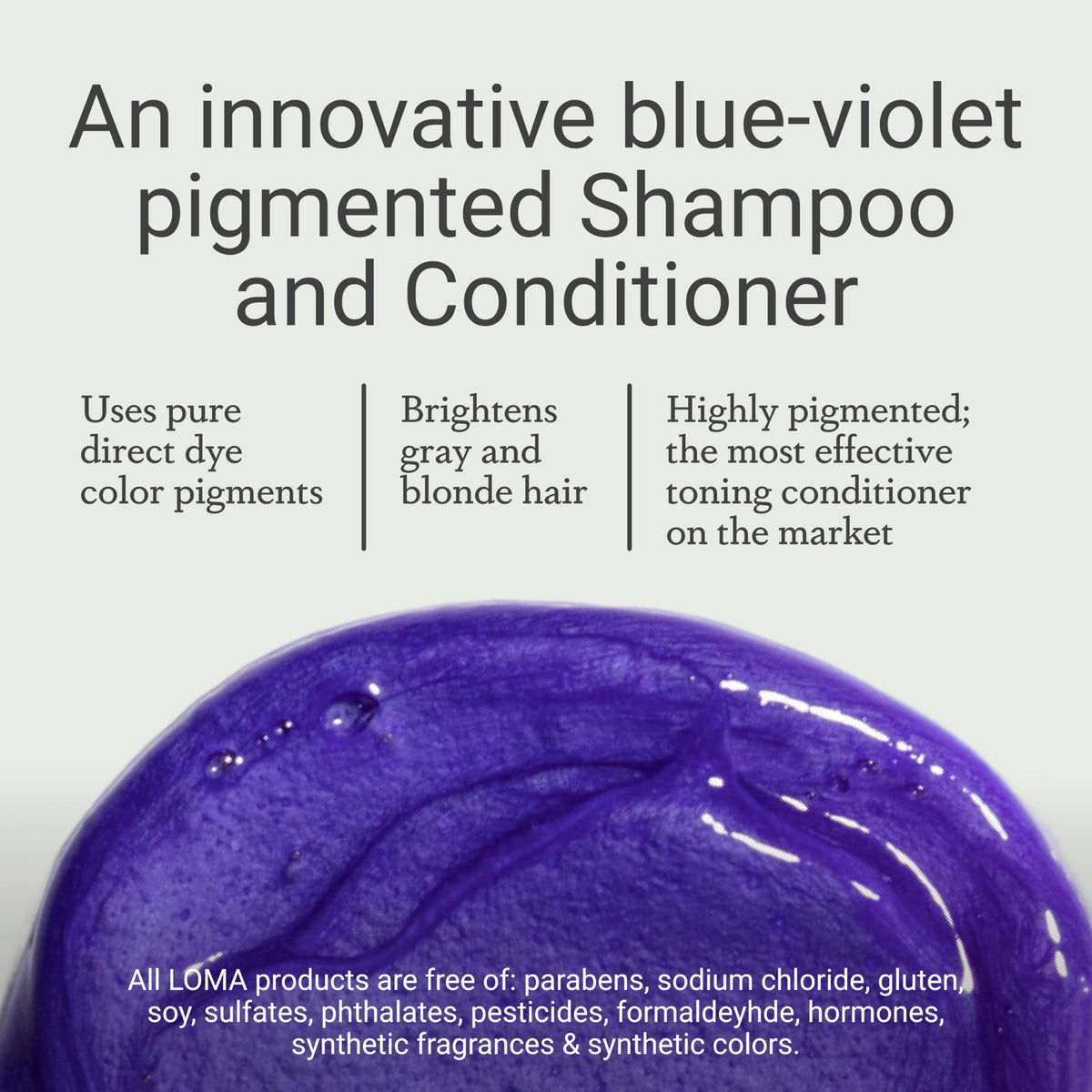 Loma violet bottle label close-up showing key ingredients and free-from claims