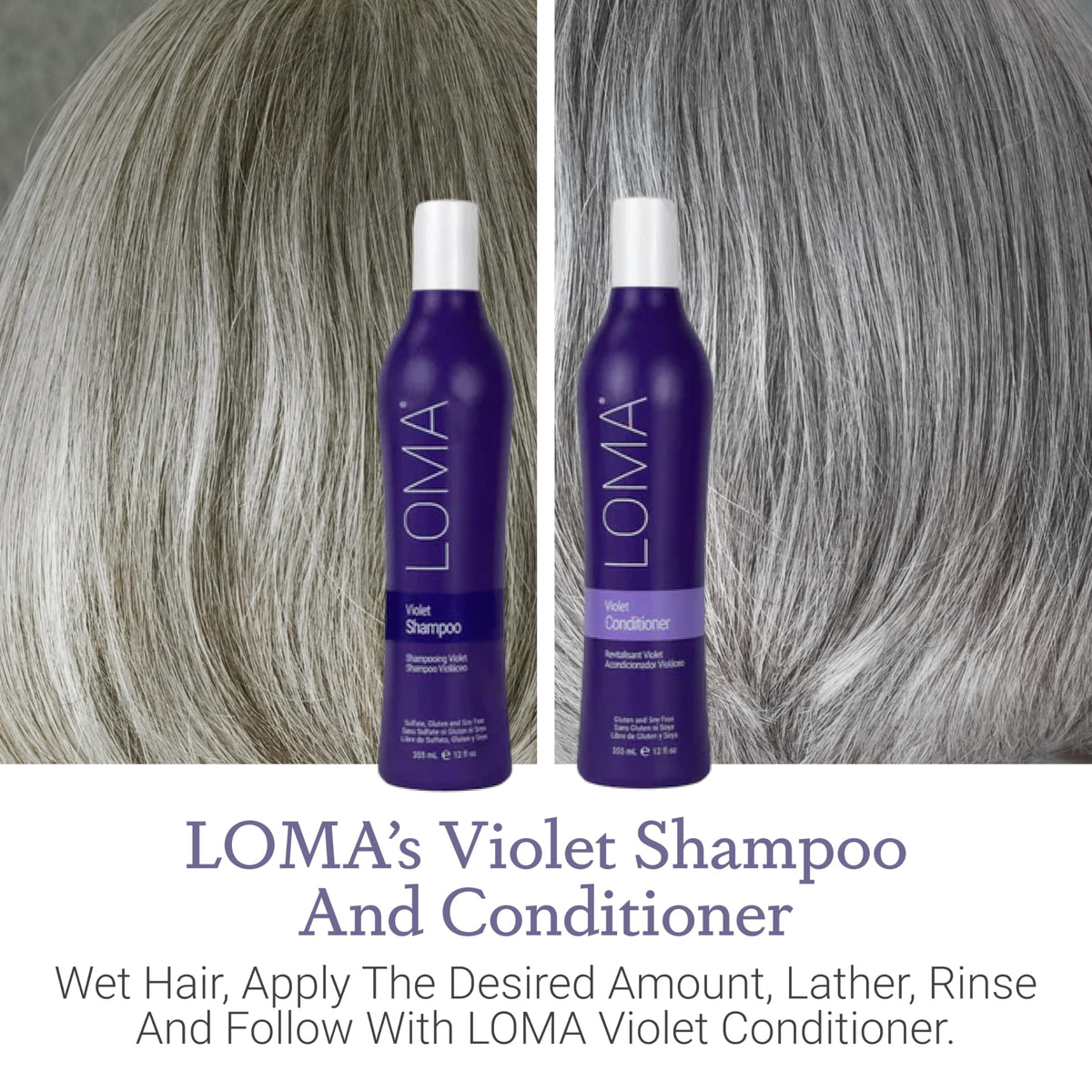 Loma violet duo before and after hair comparison showing reduced brassiness
