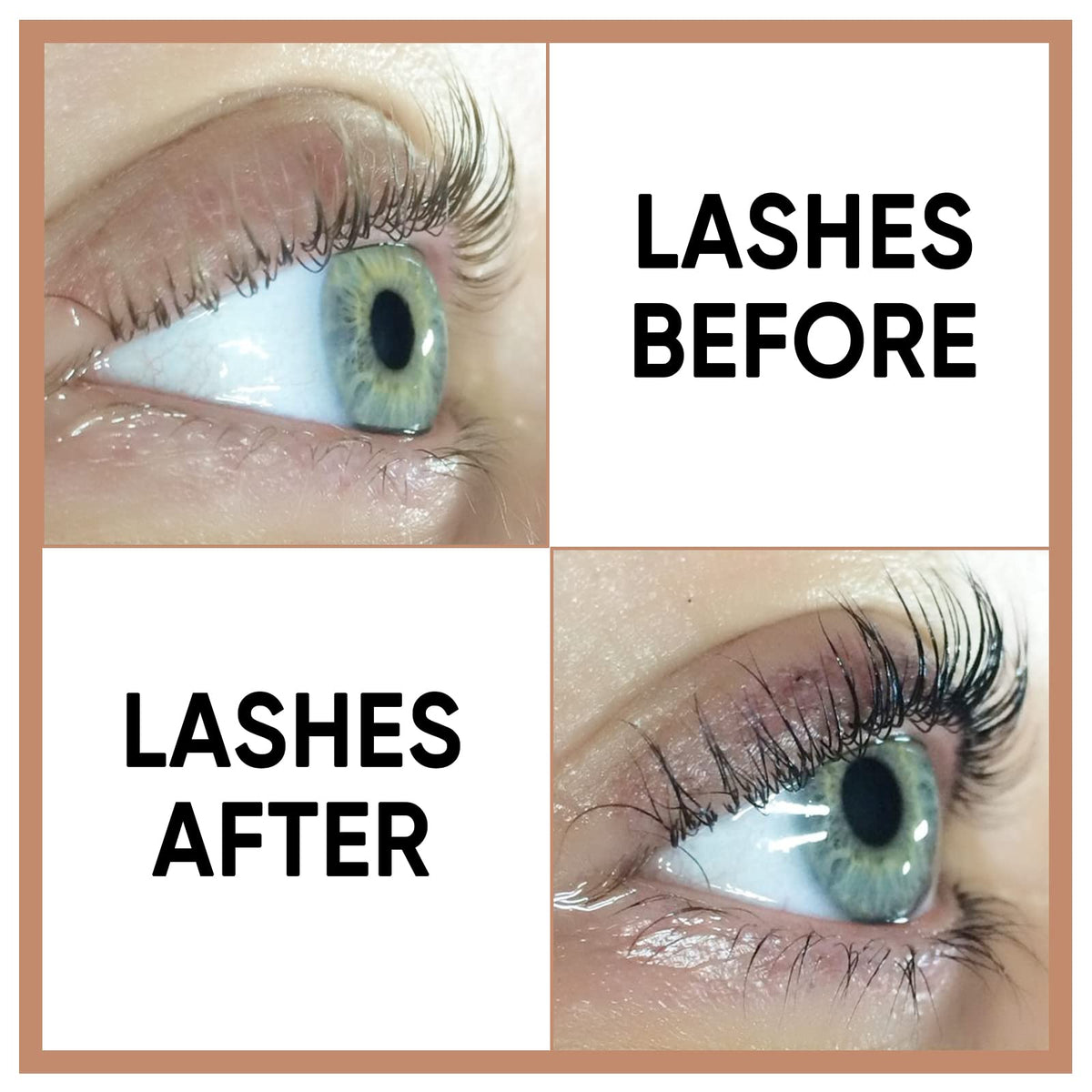 Lomansa before and after lashes highlighting fuller, darker lash effect