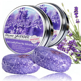 Loobexery front packaging showing two lavender shampoo bars and benefits of reduced plastic