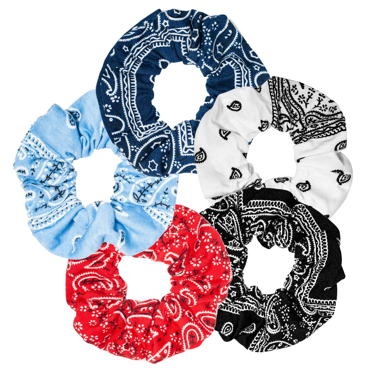 LOOKSEVEN front packaging showing five paisley scrunchies, convenient set