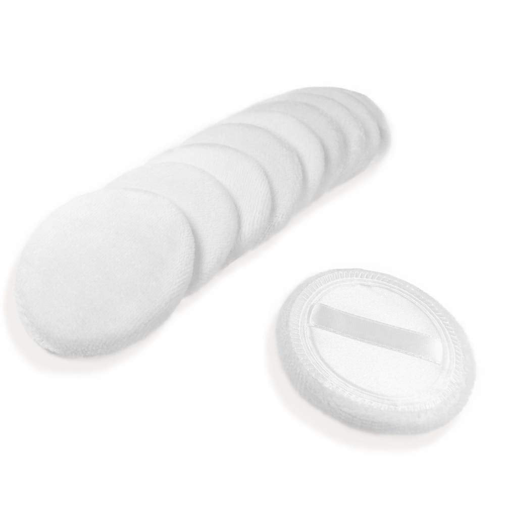 LOOKSEVEN front pack view showing ten white powder puffs and clean presentation benefit