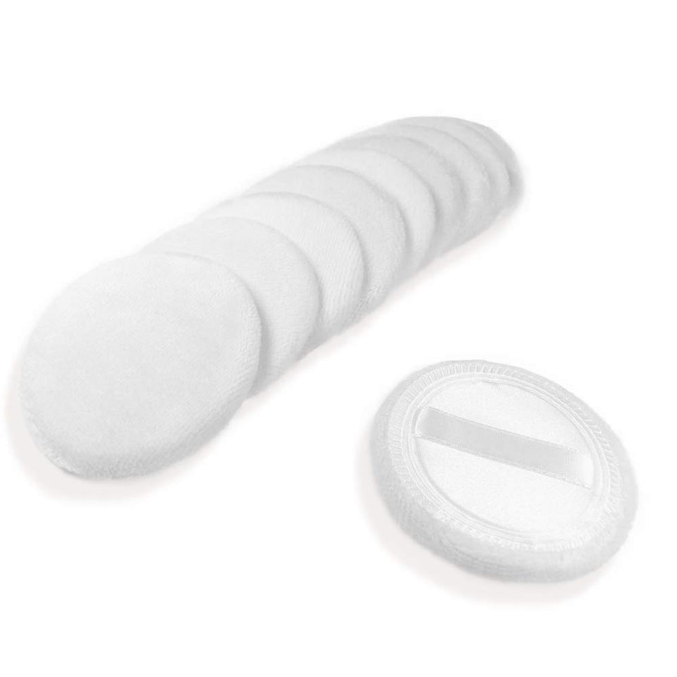 LOOKSEVEN front pack view showing ten white powder puffs and clean presentation benefit