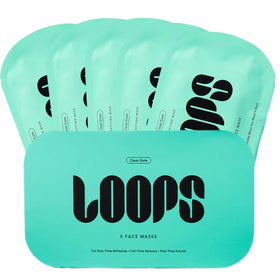 LOOPS front packaging showing five CLEAN SLATE masks for easy storage and travel