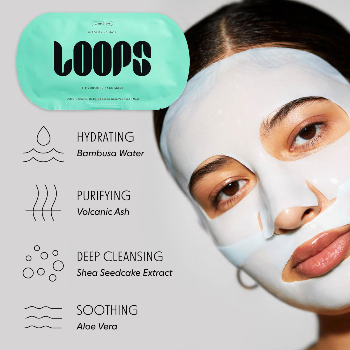 LOOPS mask applied on face providing a cooling detox and immediate hydration