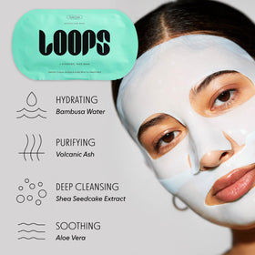 LOOPS mask applied on face providing a cooling detox and immediate hydration