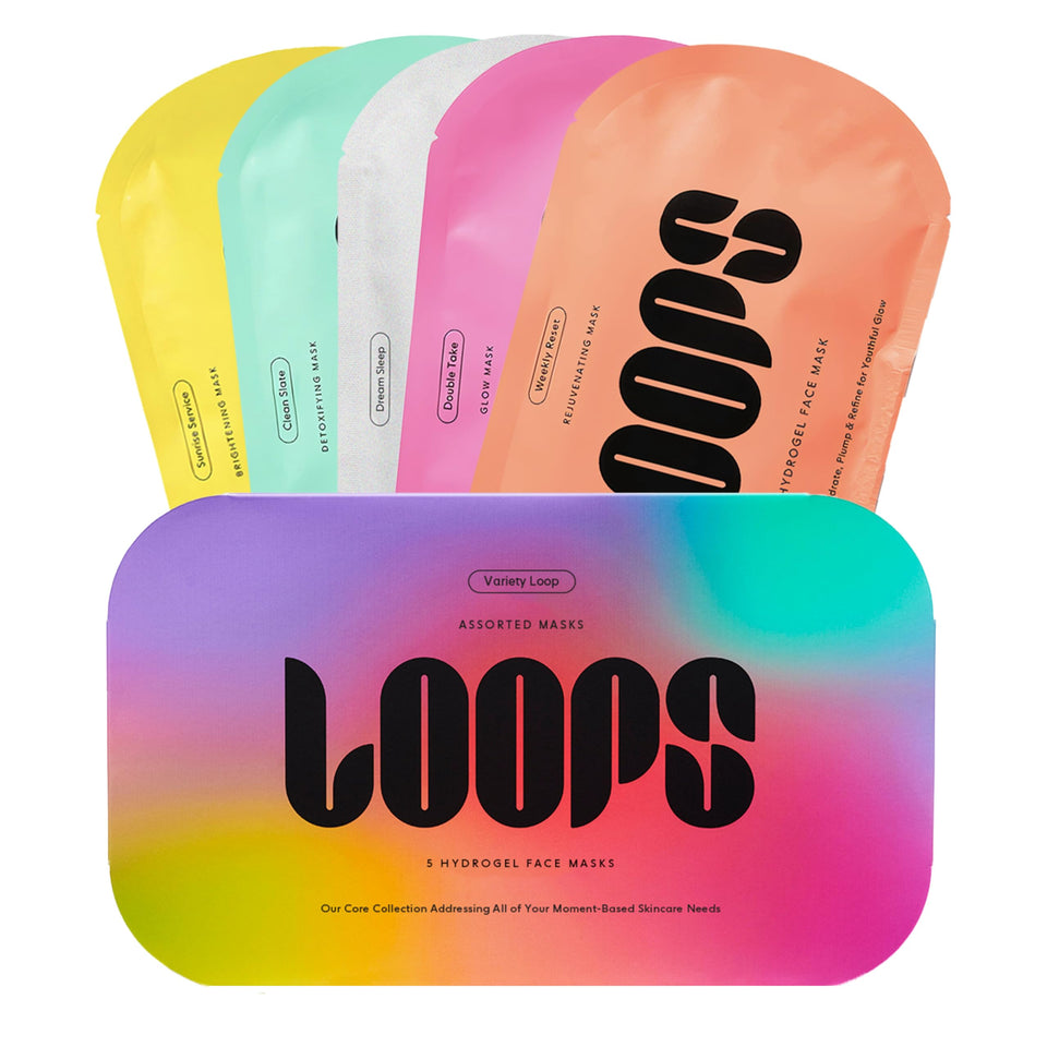 LOOPS front packaging showing five hydrogel mask varieties and clear kit benefits