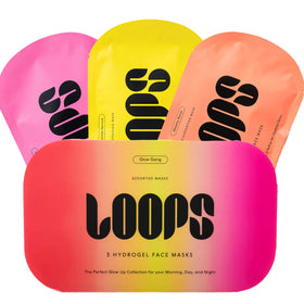 LOOPS front packaging showing three hydrogel masks and quick selection benefit