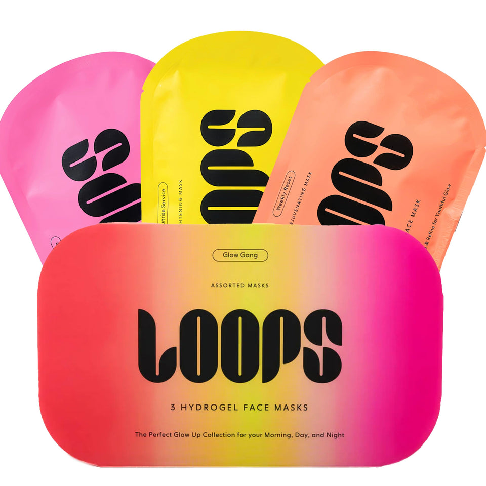 LOOPS front packaging showing three hydrogel masks and quick selection benefit