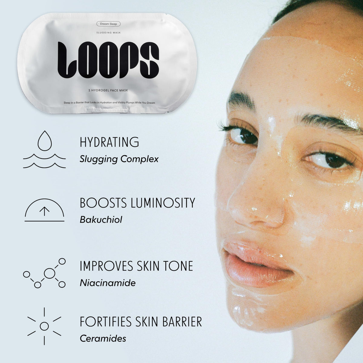 LOOPS mask beside a hand for scale showing compact travel-friendly size