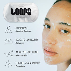 LOOPS mask beside a hand for scale showing compact travel-friendly size