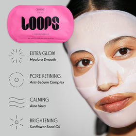 LOOPS flatlay with ingredient visuals emphasizing clean, dermatologist‑reviewed benefit