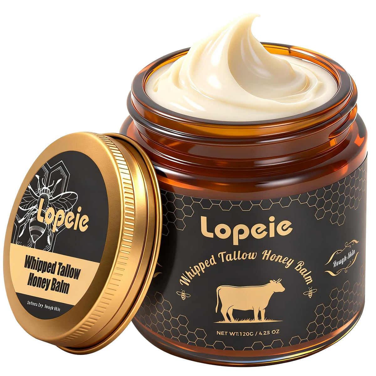 Lopeie front jar of whipped beef tallow and honey balm showing label benefits