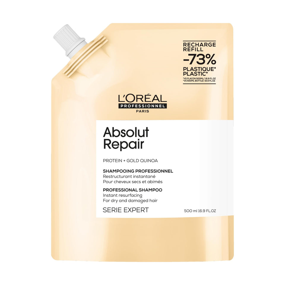 L'Oréal Professionnel Paris front view of the Absolut Repair refill packaging showing product benefit