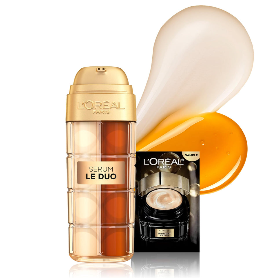 L'Oreal Paris front bottle showing dual-phase serum and luxe gold finish for a polished look