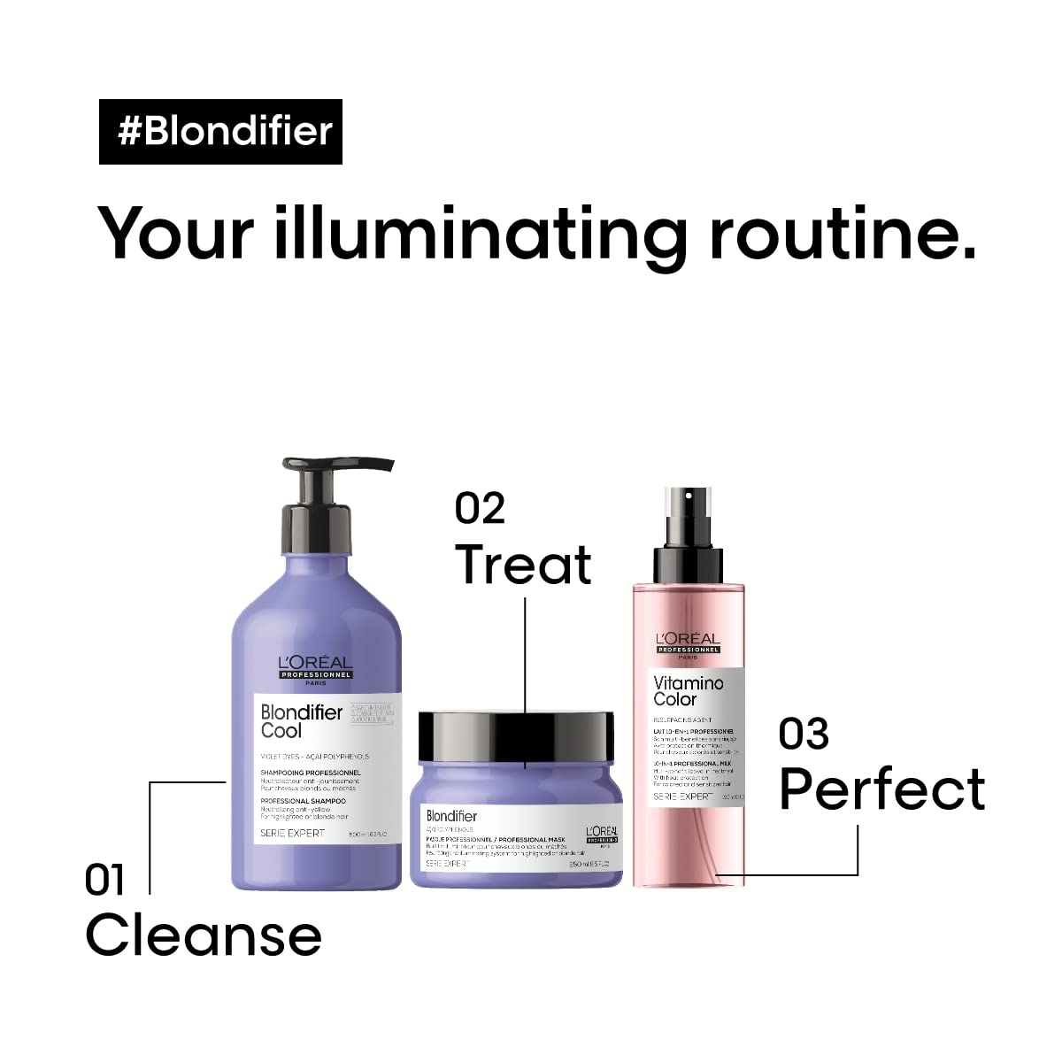 L'Oréal Professionnel before-and-after blonde hair showing reduced brassiness