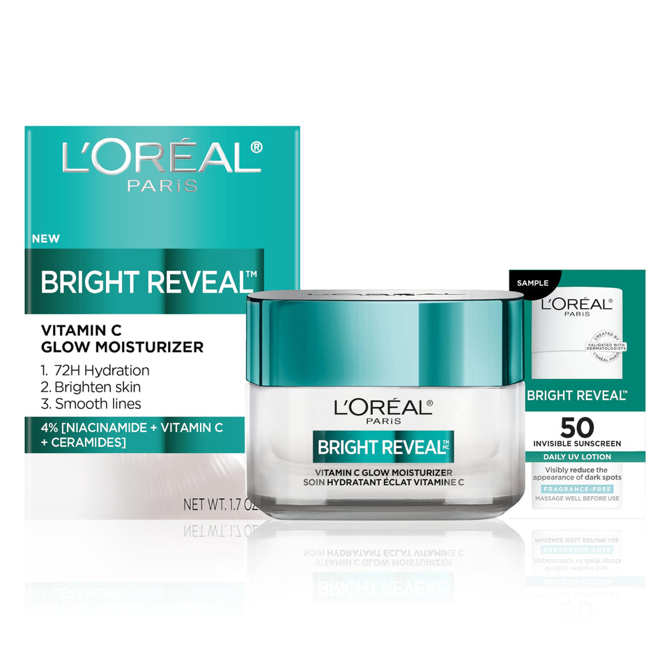 L'Oreal Paris jar front view showing brightening moisturizer for daily glow