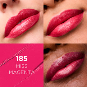 L'Oreal Paris tube open with swatch of Miss Magenta demonstrating rich satin color payoff