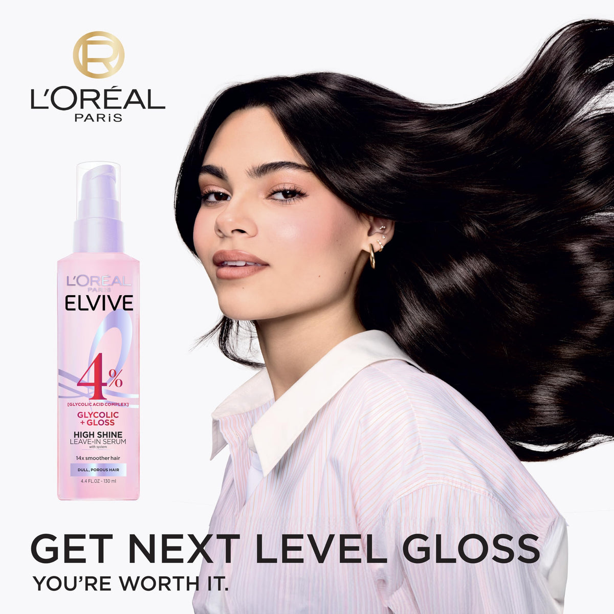 L'Oreal Paris serum spread along a single hair strand revealing improved smoothness and gloss