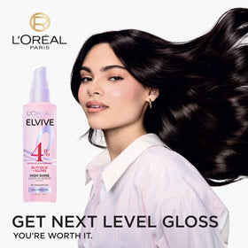 L'Oreal Paris serum spread along a single hair strand revealing improved smoothness and gloss