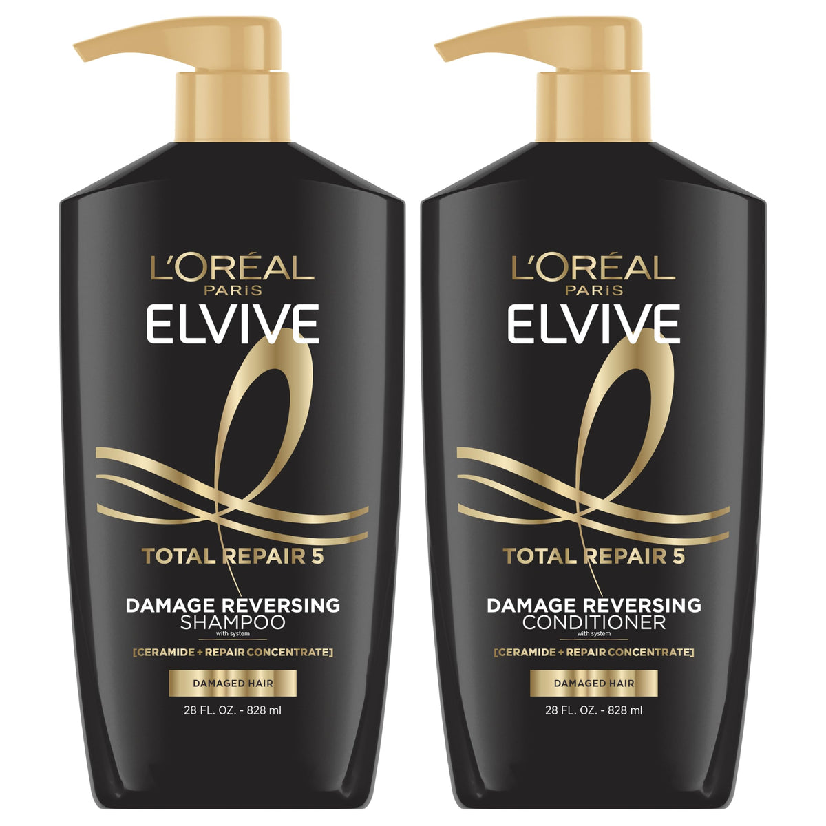 L'Oreal Paris front packaging showing the repair shampoo and conditioner benefits