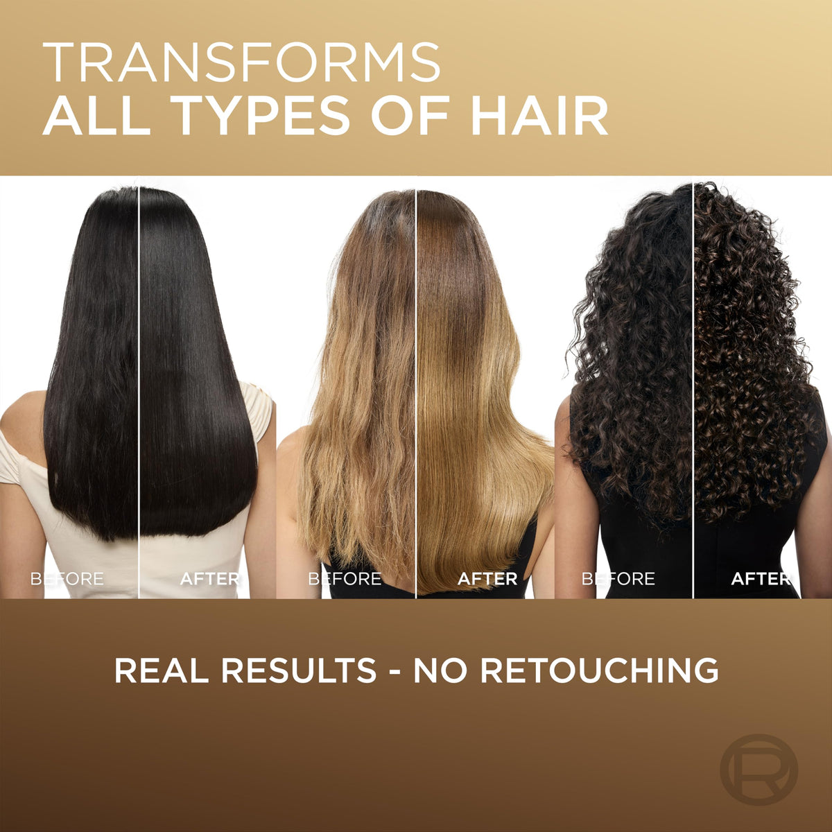 L'Oreal Paris before-and-after hair comparison showing smoother, stronger strands