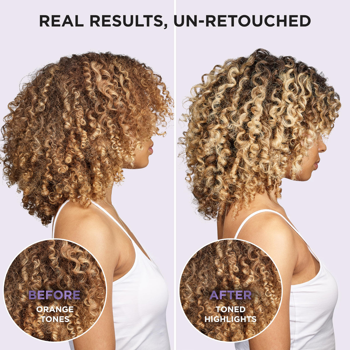 L'Oreal Paris EverPure before-and-after hair swatch showing reduced brass and cooler tone