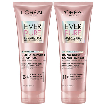 L'Oreal Paris bottle front view showing EverPure Bond Repair+ benefits